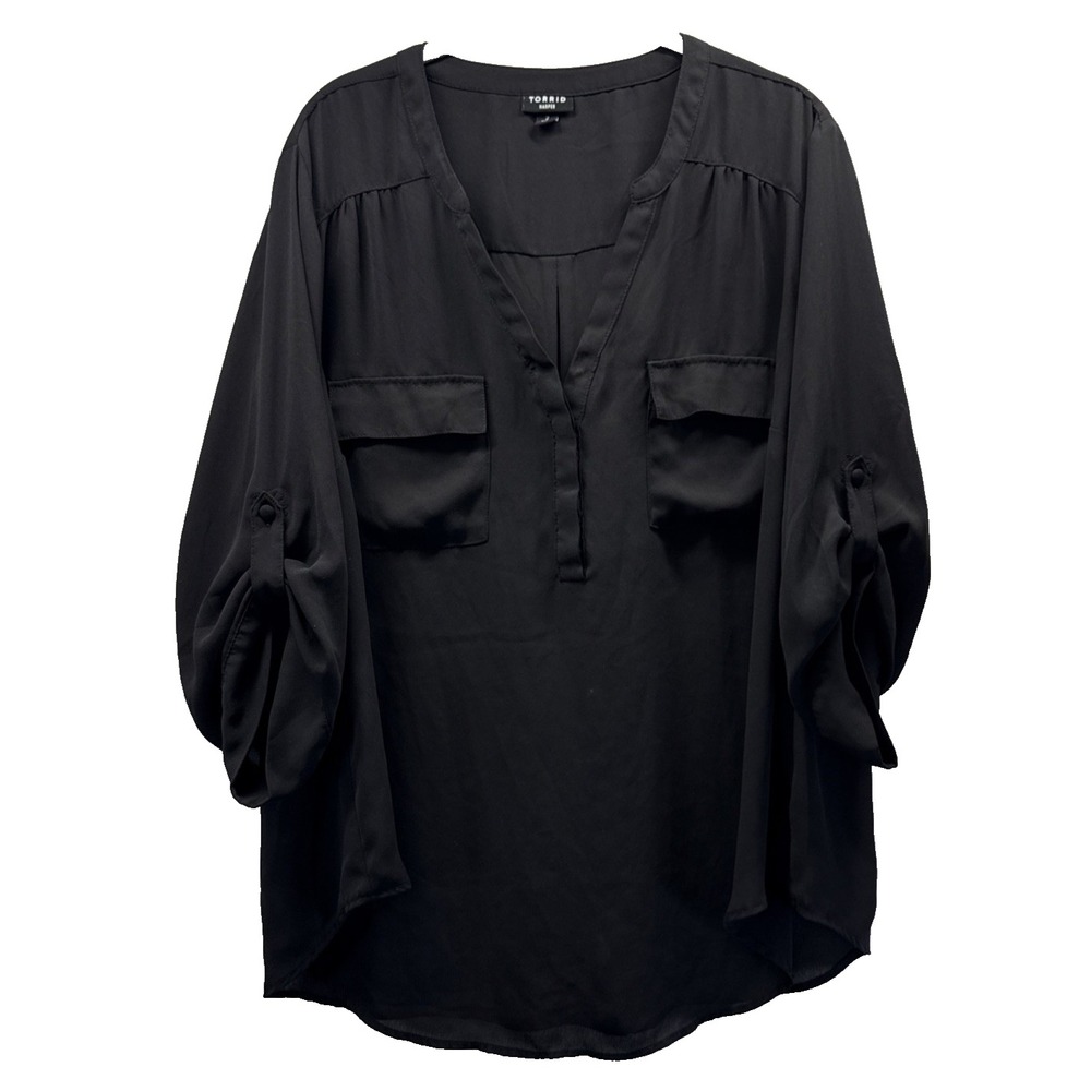 Torrid Womens Top Size 2X Solid Black Gothic Roll Tab 3/4 Sleeves Pockets V Neck